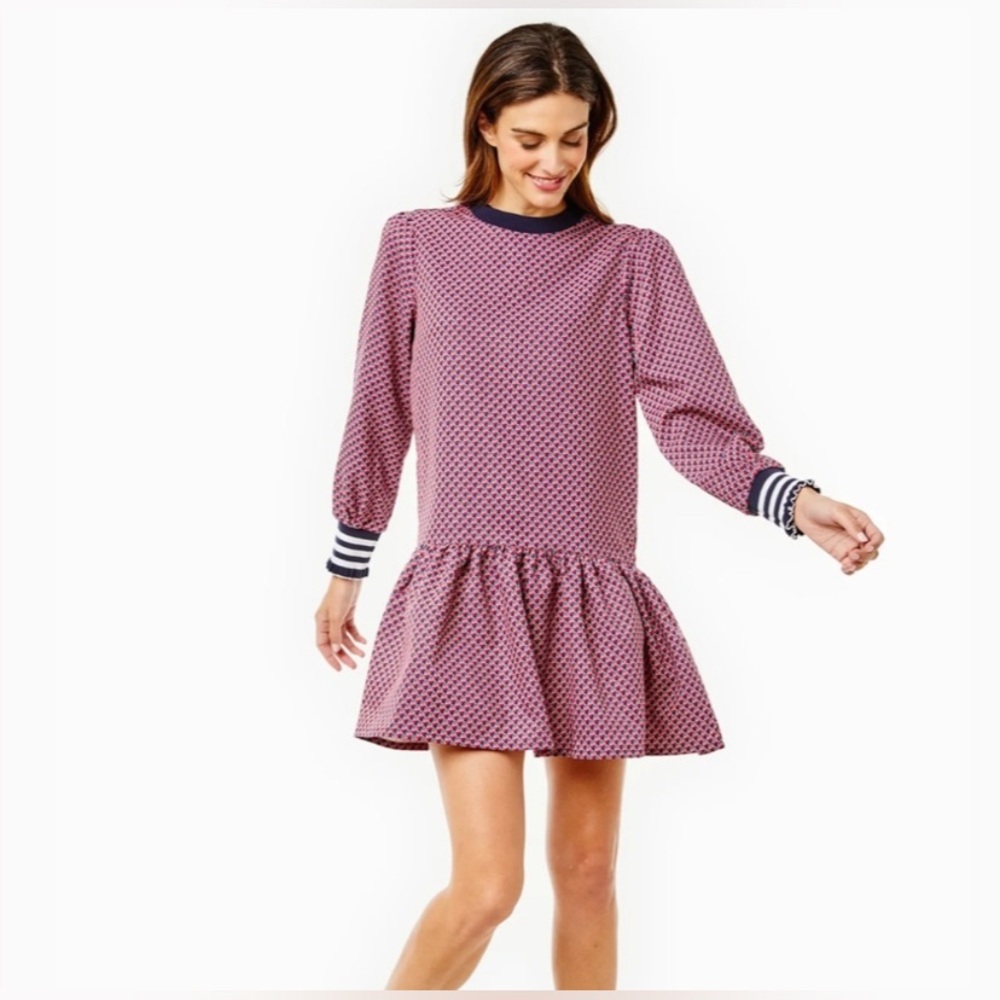 Addison Bay Long Sleeve Ruffle Hem Red White & Blue Patterned Mini Dress - Picture 2 of 11